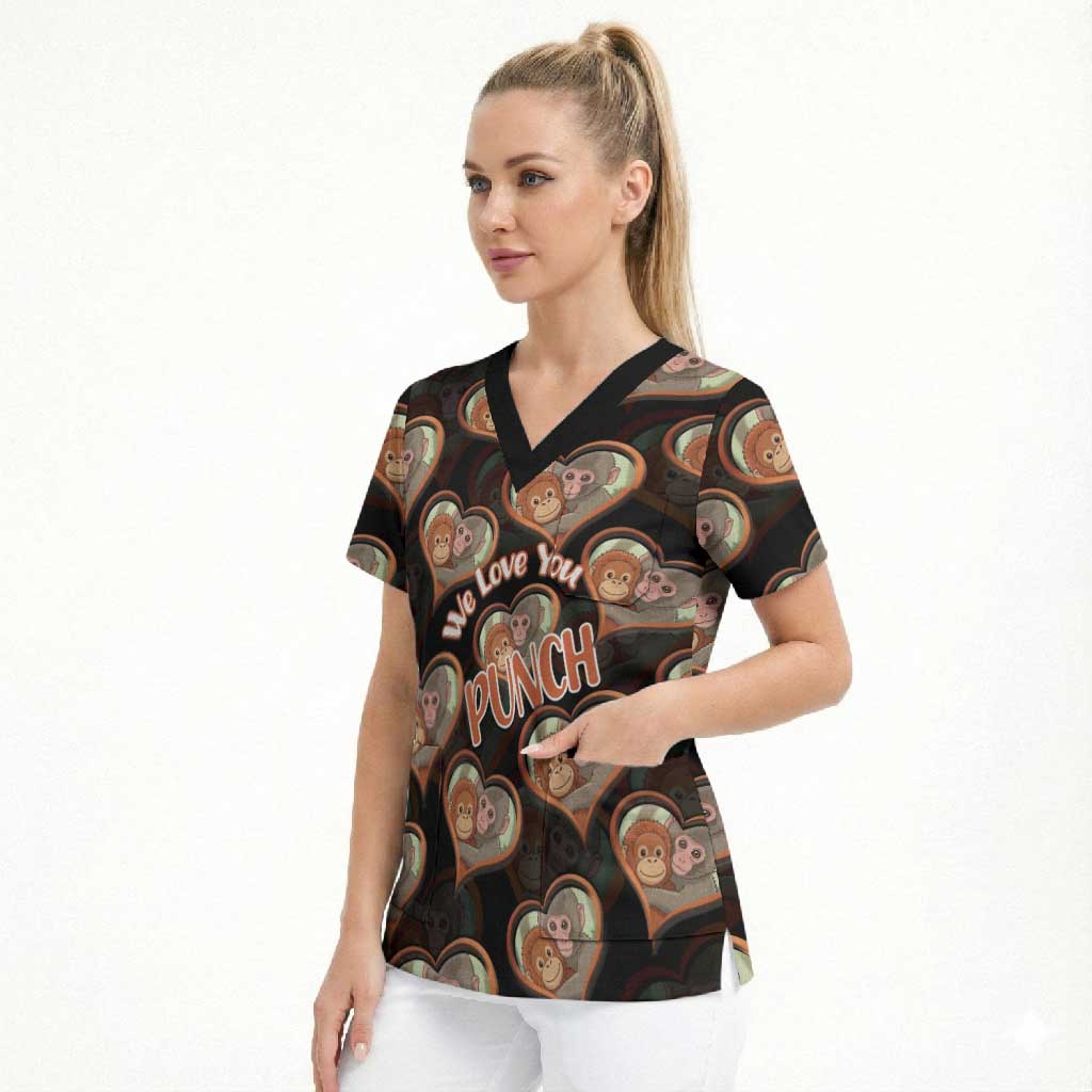 Punch The Monkey Scrub Top We Love You Seamless Heart Style Black