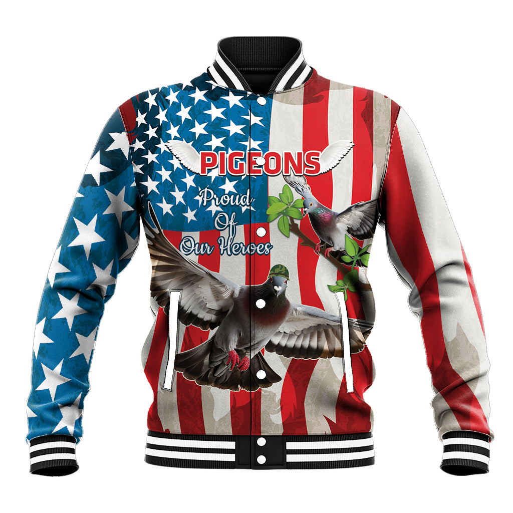 Red, white and blue baseball jacket with pigeon graphic and striped ribbed collar
