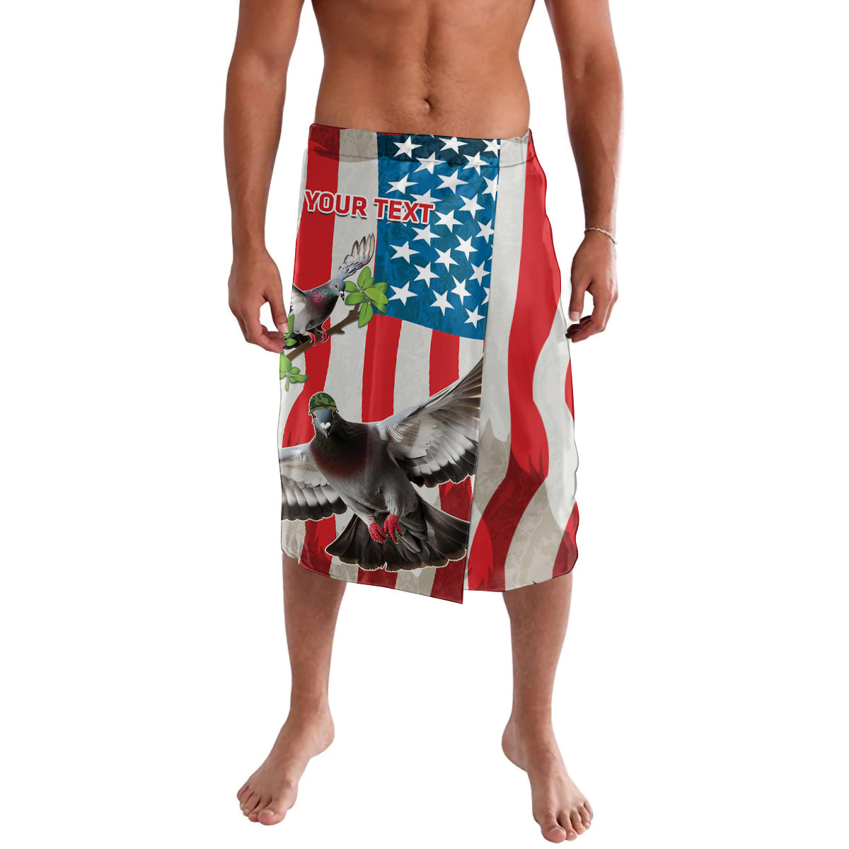 Patriotic wrap skirt, red/white/blue with pigeon graphic and stars banner