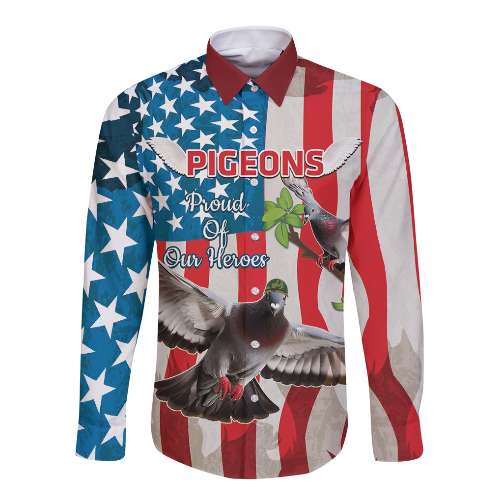 Unisex long sleeve button shirt with patriotic pigeon graphic and red/blue star stripes
