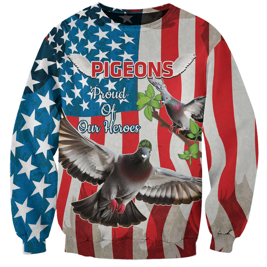 Unisex red white blue sweatshirt with star flag graphic and pigeon, text 'Proud Of Our Heroes'