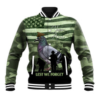 Green camo baseball jacket with pigeon graphic, striped ribbed collar and button-front