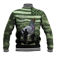 Green camo baseball jacket, full back pigeon and soldier silhouette graphic with ribbed cuffs