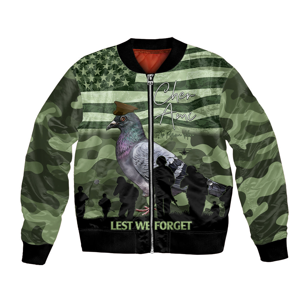 Green camo bomber jacket with front zipper, ribbed trim, Cher Ami pigeon graphic
