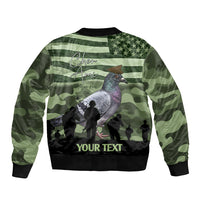 Green camo bomber jacket with ribbed collar and hem, pigeon and silhouettes graphic