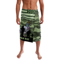 Green camouflage lavalava shorts with front graphic and elastic waistband