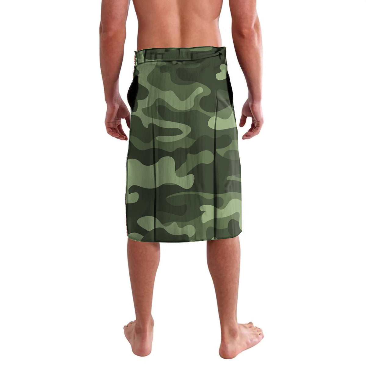 Green camouflage lavalava shorts, back view with elastic waistband
