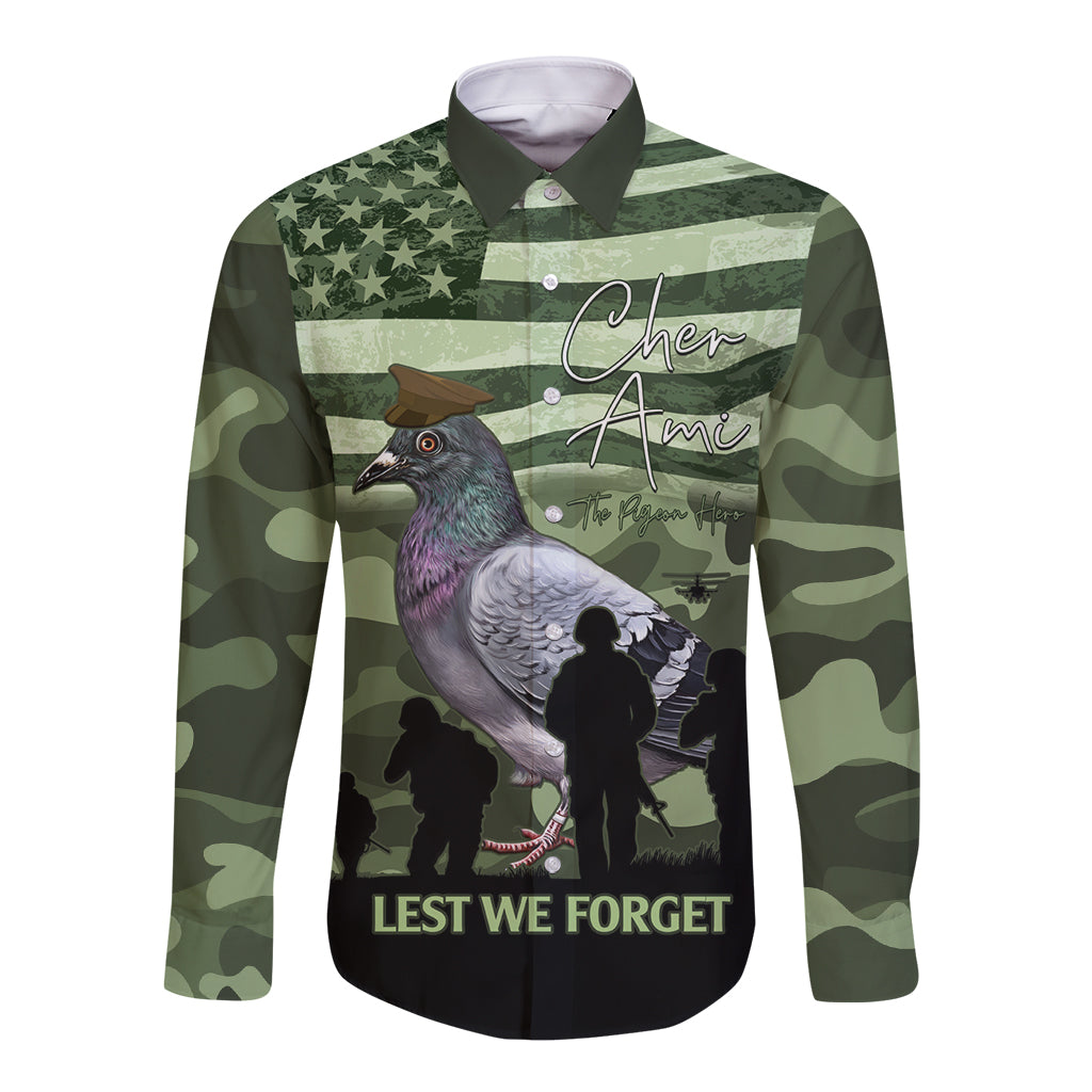 Green camo long-sleeve button shirt with Cher Ami pigeon and 'Lest We Forget' print