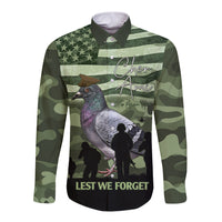 Green camo long-sleeve button shirt with Cher Ami pigeon and 'Lest We Forget' print