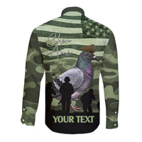Green camo long-sleeve button shirt, back print with Cher Ami pigeon and silhouette