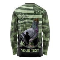 Green camo long-sleeve shirt with Cher Ami pigeon graphic and 'YOUR TEXT' at bottom