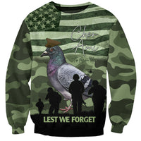Green camo unisex sweatshirt with Cher Ami pigeon and soldiers silhouette graphic, 'Lest We Forget'