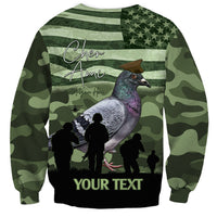 Green camo unisex sweatshirt with Cher Ami pigeon silhouette graphic and 'YOUR TEXT' at bottom