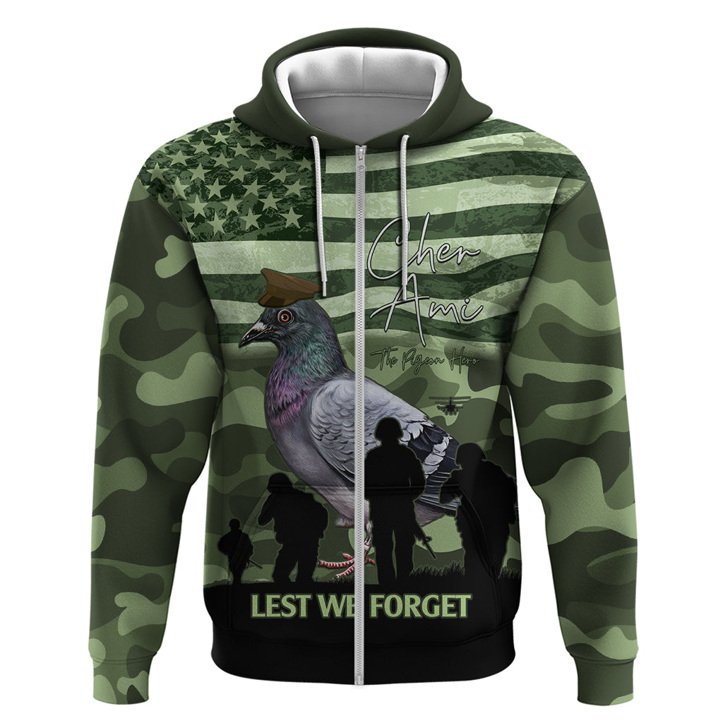 Personalized USA Cher Ami Zip Hoodie Lest We Forget Pigeon Hero - Wonder Print Shop