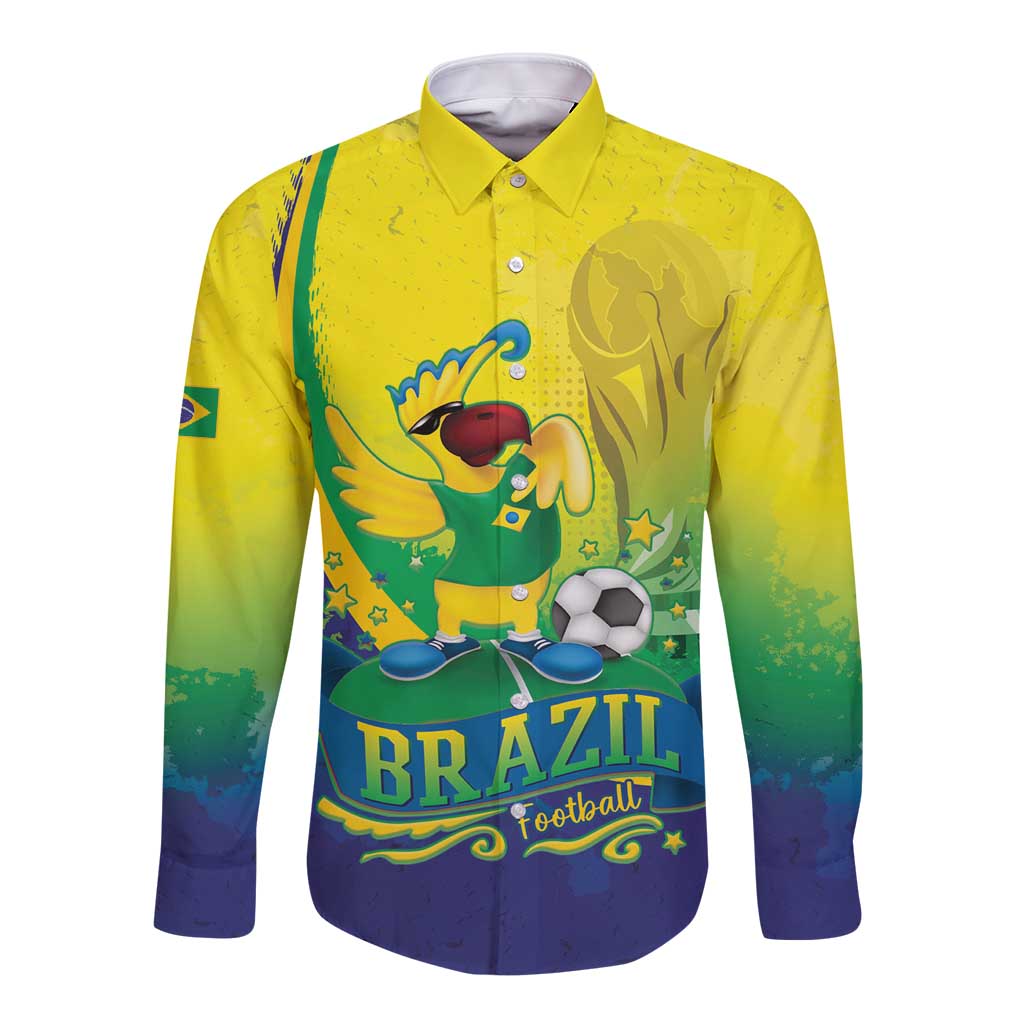 Brazil Football 2026 Custom Long Sleeve Button Shirt Come On Selecao Brasil Parrot Mascot