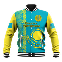 Teal and yellow baseball jacket with black-and-white striped rib trim and front crest graphic