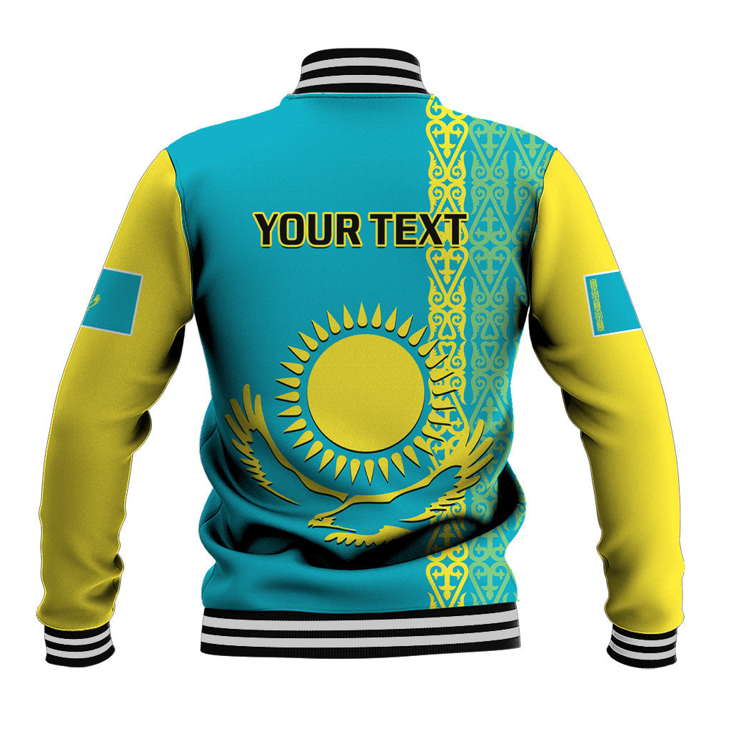 Back of teal baseball jacket with yellow sleeves, striped rib trim, and 'YOUR TEXT' print