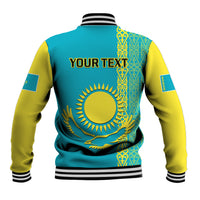 Back of teal baseball jacket with yellow sleeves, striped rib trim, and 'YOUR TEXT' print