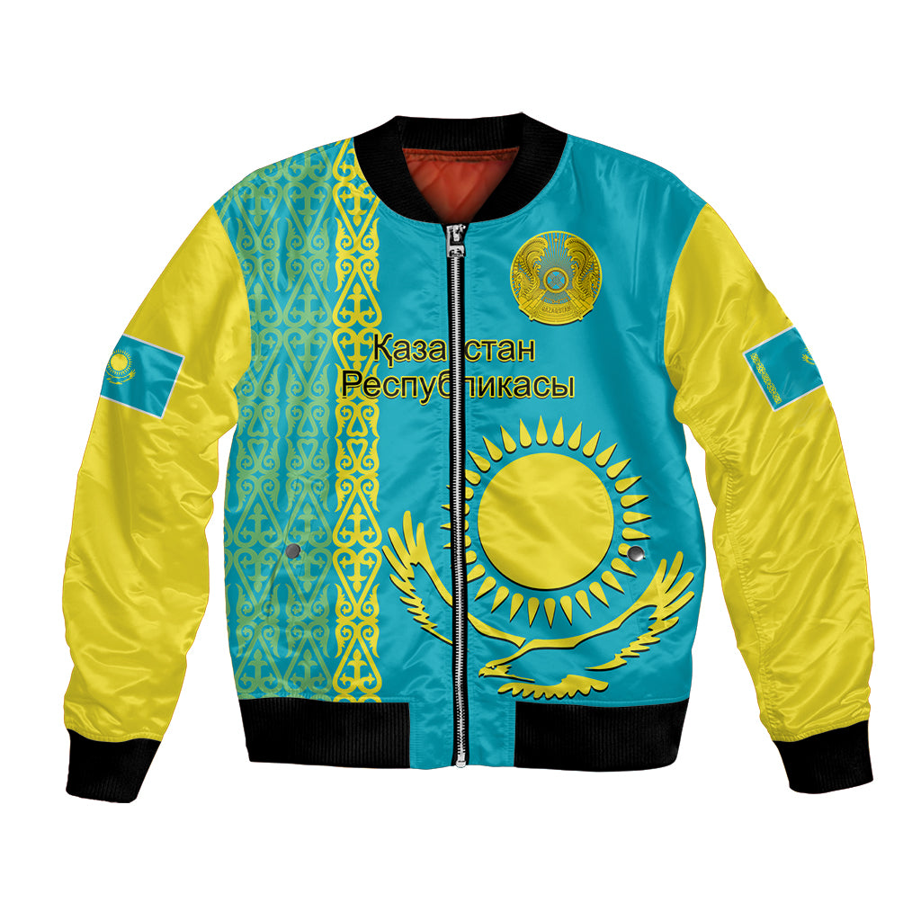 Blue bomber jacket with yellow sleeves, front zip, Kazakh pattern, sun-and-eagle graphic