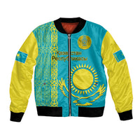 Blue bomber jacket with yellow sleeves, front zip, Kazakh pattern, sun-and-eagle graphic
