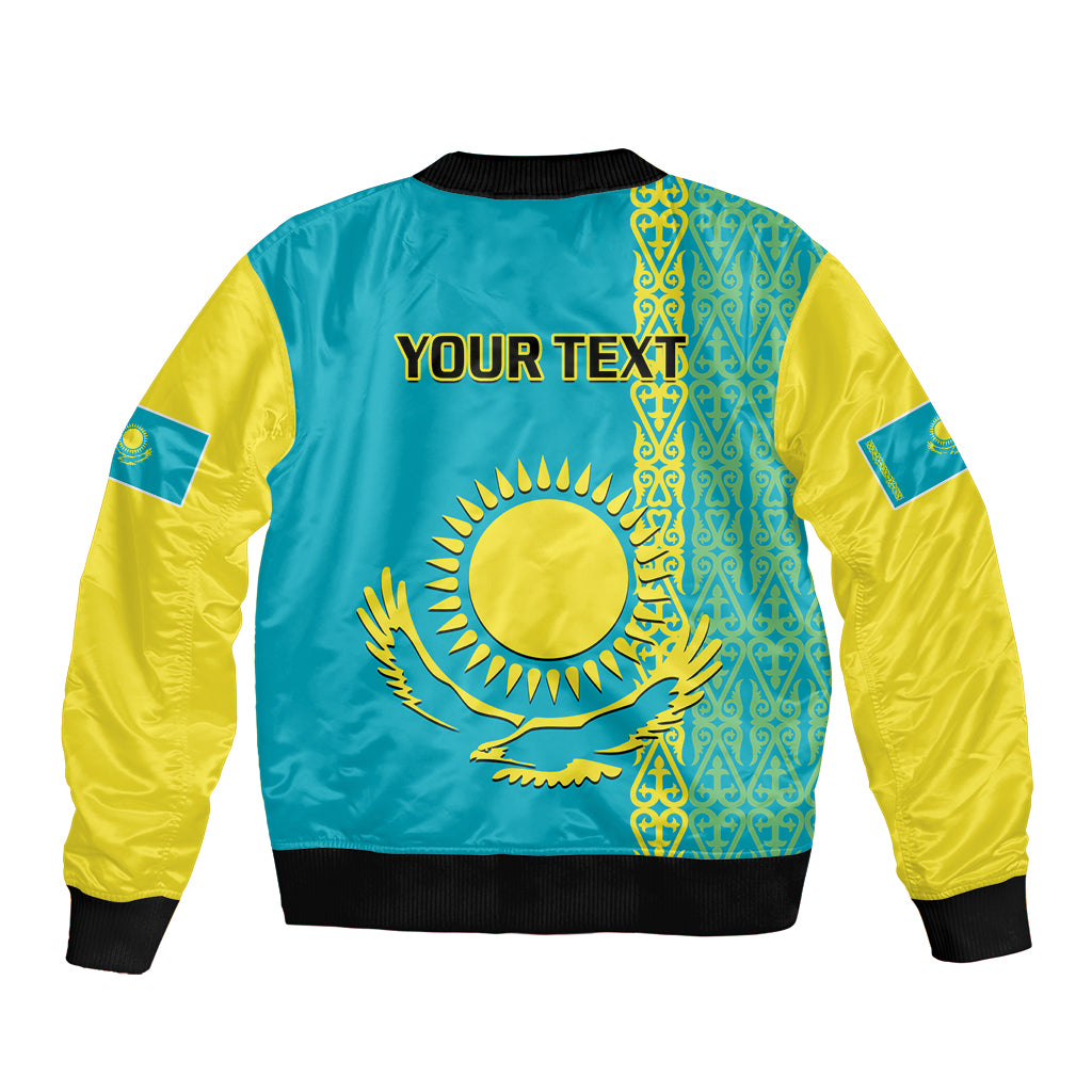 Blue bomber jacket with yellow sleeves, back graphic with custom text, Kazakh motif panels