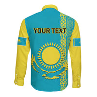 Blue long-sleeve button shirt, back shows custom text, circular emblem and eagle