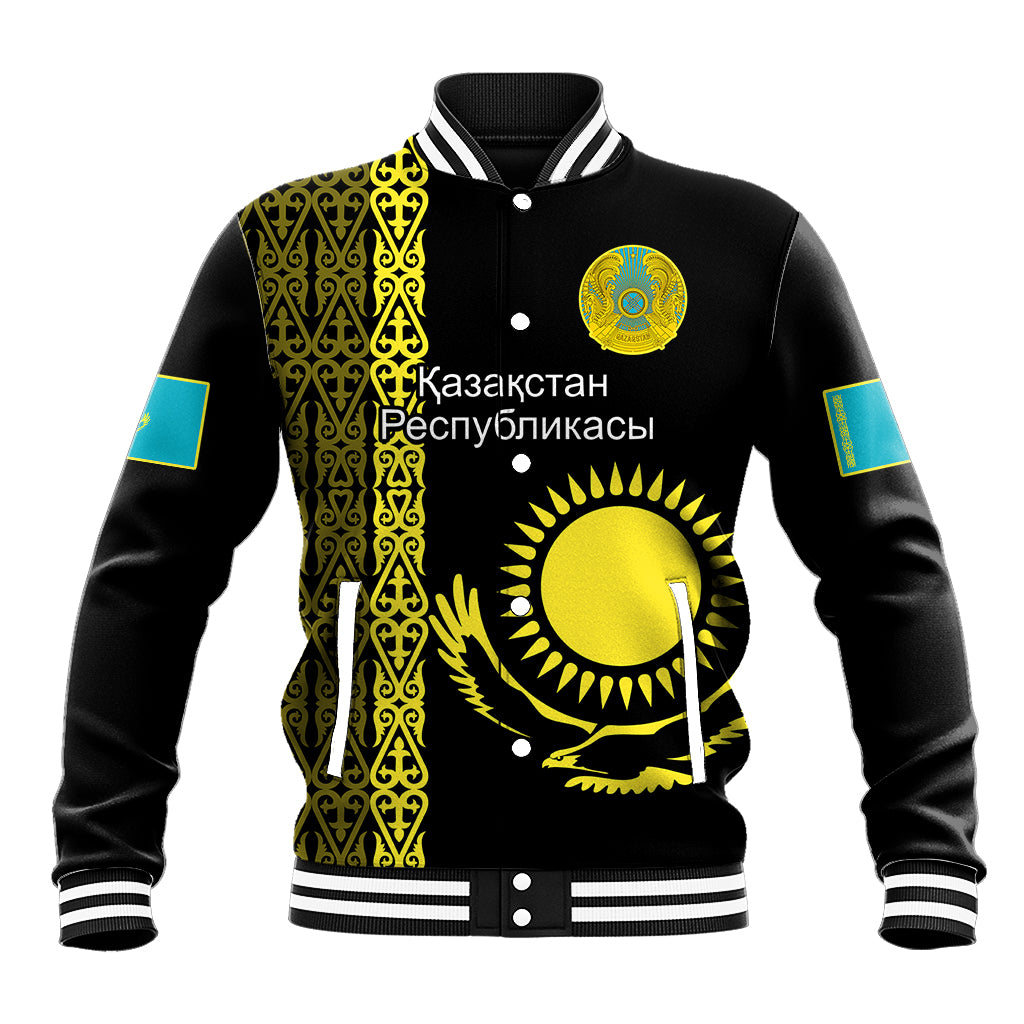 Black unisex baseball jacket with gold traditional pattern, crest, striped ribbed collar and cuffs