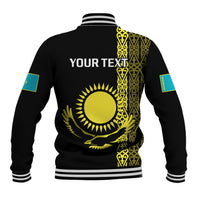 Black unisex baseball jacket back with gold pattern and large yellow sun graphic, striped ribbed cuffs