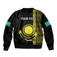 Black bomber jacket back with gold pattern, yellow sun emblem, and 'YOUR TEXT' print