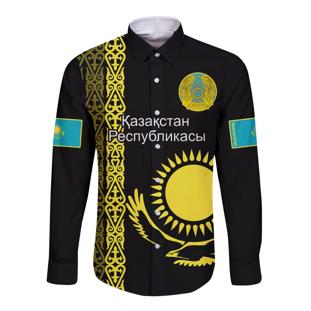 Black long-sleeve button shirt with gold traditional pattern, sun and eagle print