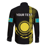 Black long-sleeve button shirt with back custom text and gold sun-eagle design stripe