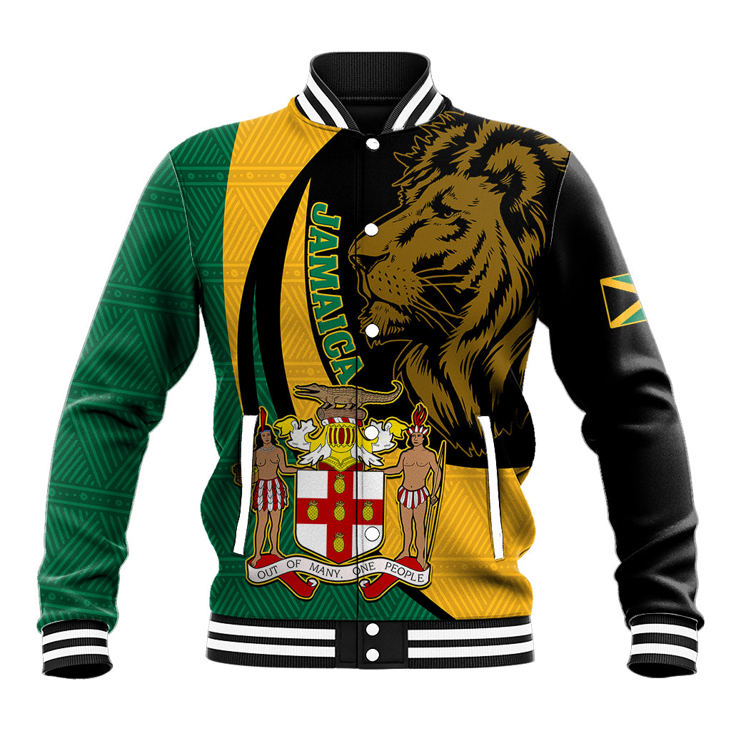Unisex baseball jacket in black with green/yellow patterns, lion and crest; snap buttons