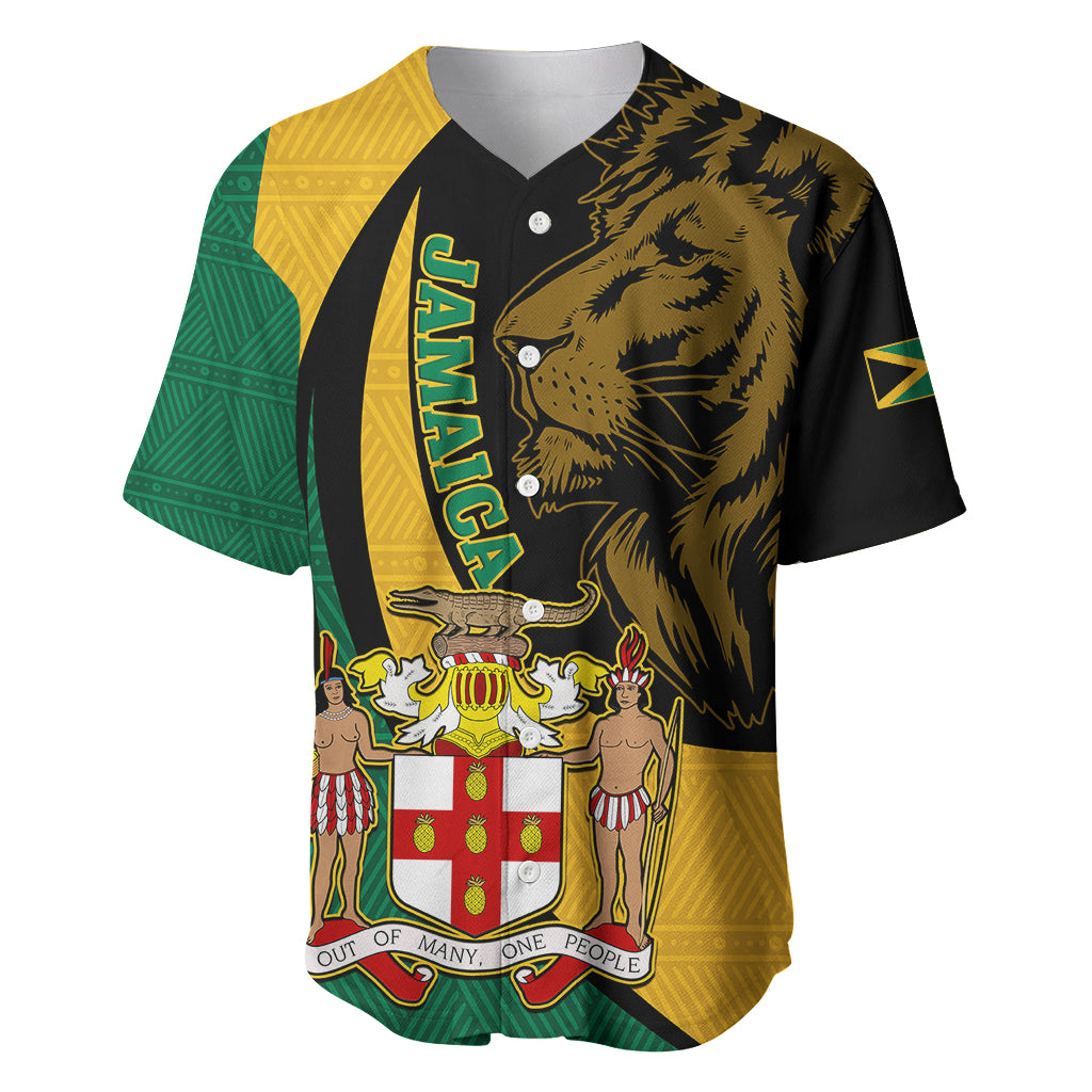 Jamaica Baseball Jersey Jumieka Coat Of Arms Lion Mix African Pattern - Wonder Print Shop