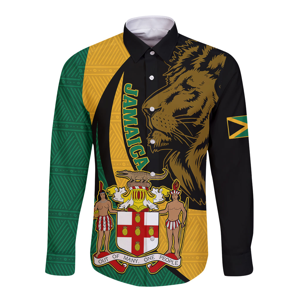 Black long-sleeve button shirt with green and gold lion crest front