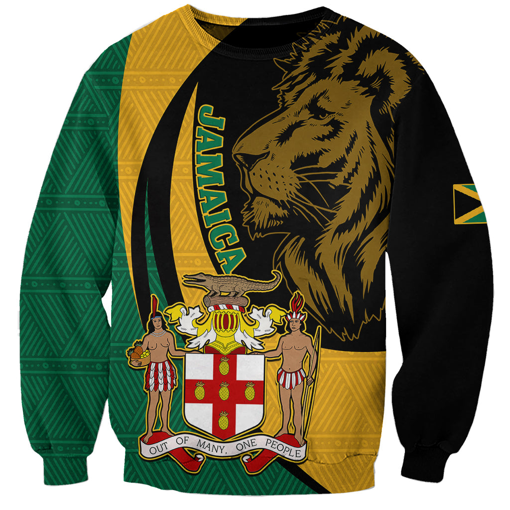 Black sweatshirt with gold lion head, Jamaica coat of arms crest, multicolor patterned sleeves