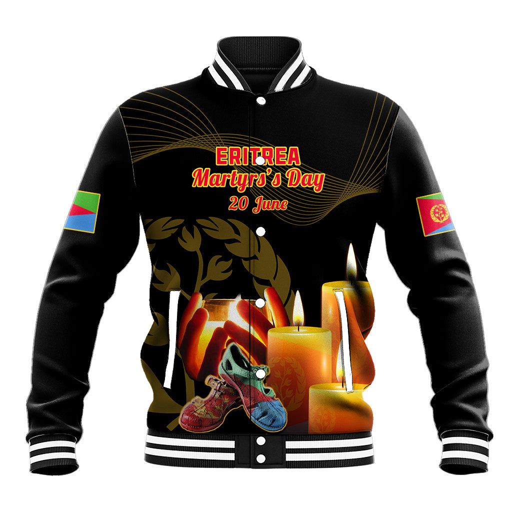 Black baseball jacket with striped rib collar and cuffs, front graphic and patches