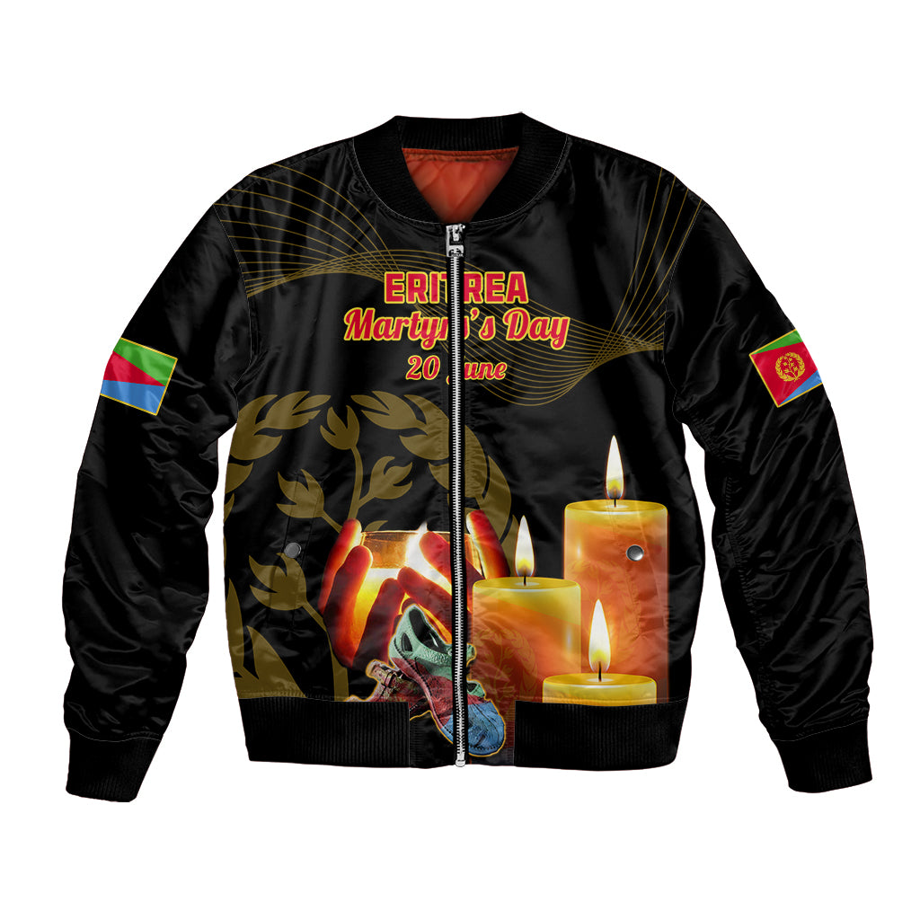 Black unisex bomber jacket with front zip and Eritrea martyrs candle graphic