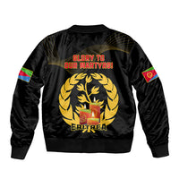 Black unisex bomber jacket with back print, laurel wreath, and candle flame graphic