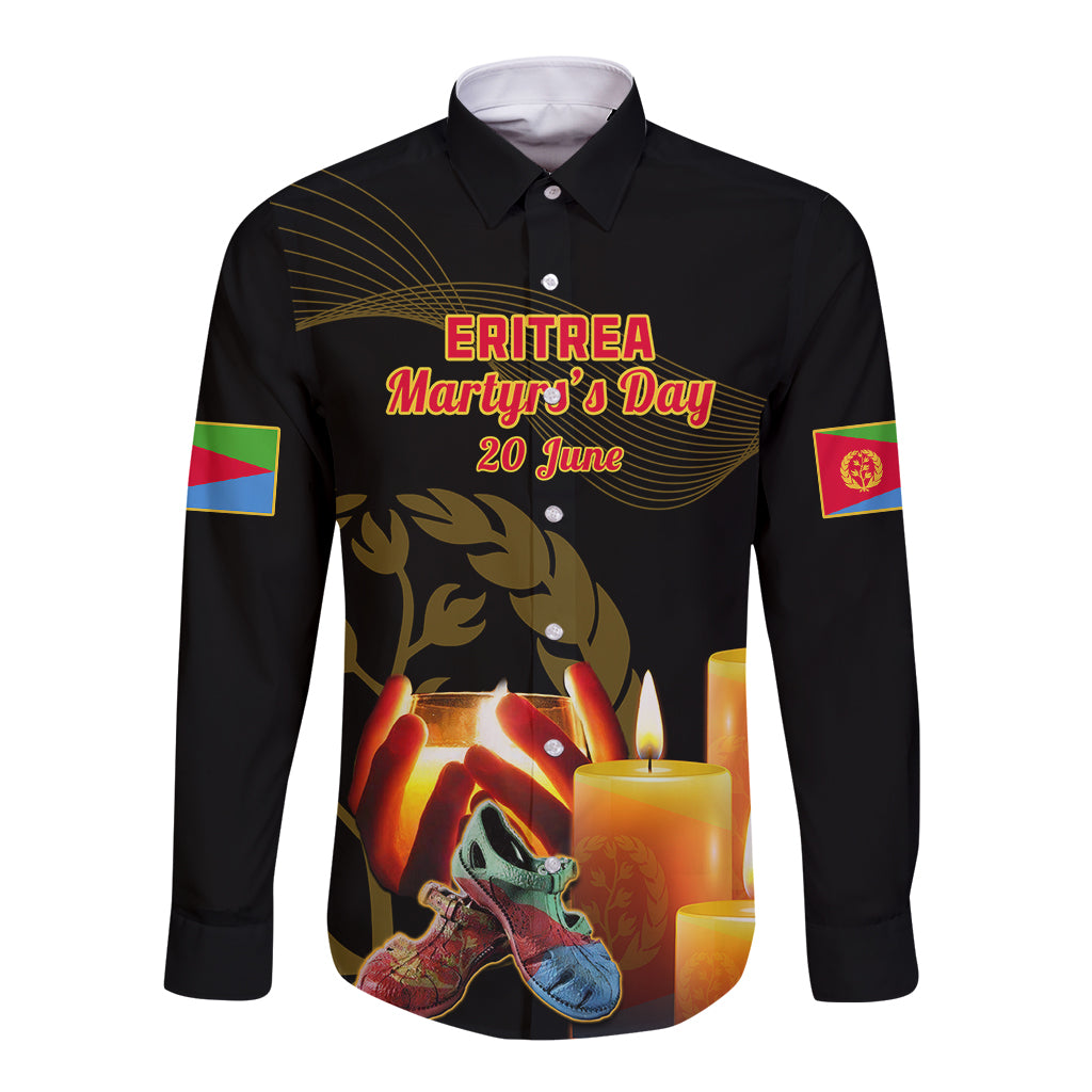 Black long-sleeve button shirt with Eritrea Martyrs Day front graphic