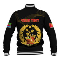 Black baseball jacket with striped rib collar and cuffs, back graphic with YOUR TEXT and laurel