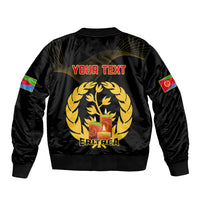 Black unisex bomber jacket, back graphic wreath with candles, 'YOUR TEXT' and Eritrea