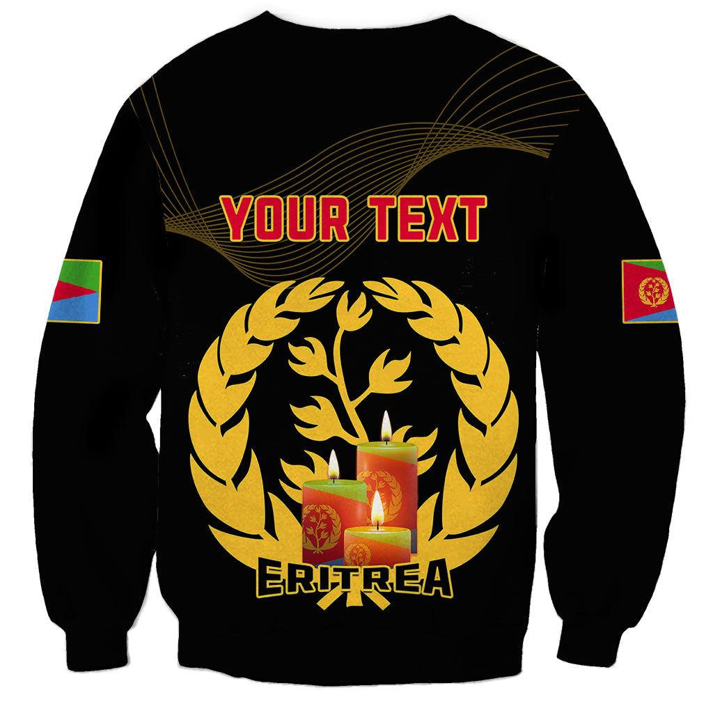 Black unisex sweatshirt with 'YOUR TEXT' back design, Eritrea emblem and candles