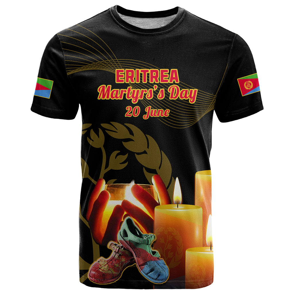 Black T-shirt with Eritrea Martyr's Day 20 June graphic, candles and hands print