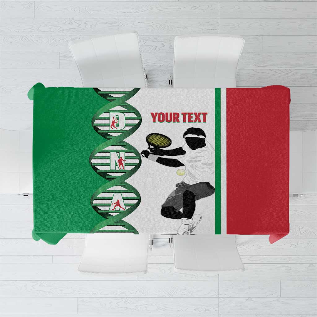 Green and red Italy-themed tennis tablecloth with central DNA-style sports graphic