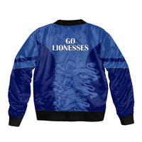 Unisex blue England football bomber jacket back print Go Lionesses, front zipper
