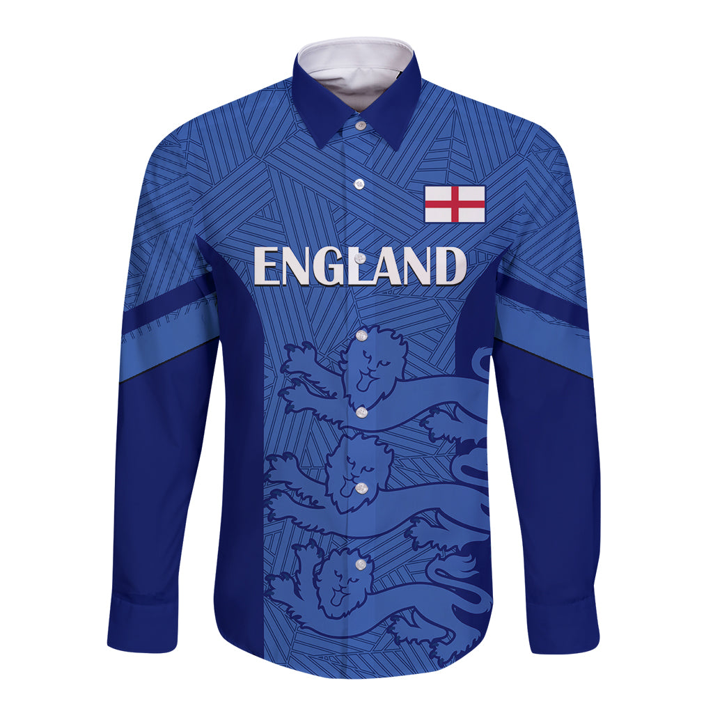 Blue long-sleeve football button shirt with England crest and lioness map graphic