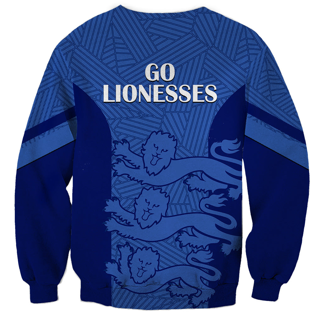 Blue crewneck football sweatshirt with Go Lionesses text and lioness graphic panel