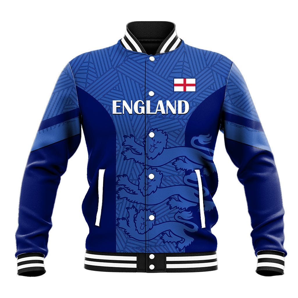 Blue baseball jacket with button front, striped rib trim, England crest and lion graphics