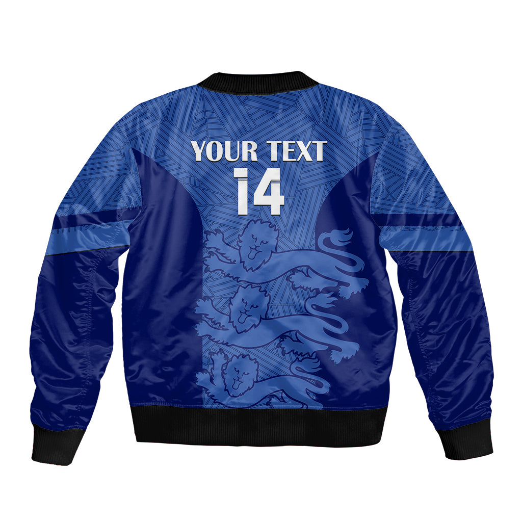 Blue bomber jacket back with custom text “YOUR TEXT” and number 14, lion graphic
