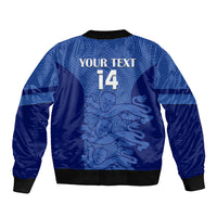 Blue bomber jacket back with custom text “YOUR TEXT” and number 14, lion graphic
